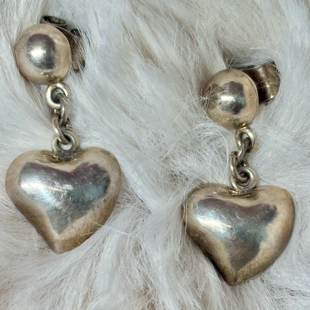 Vintage Solid Sterling Silver Puff Heart Earrings - image 1